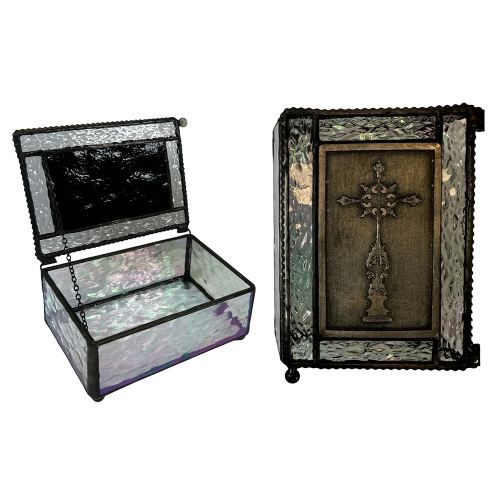 Vintage Stained Glass Trinket Box Iridescent Gothic Cross Pewter Finish 4x3x2